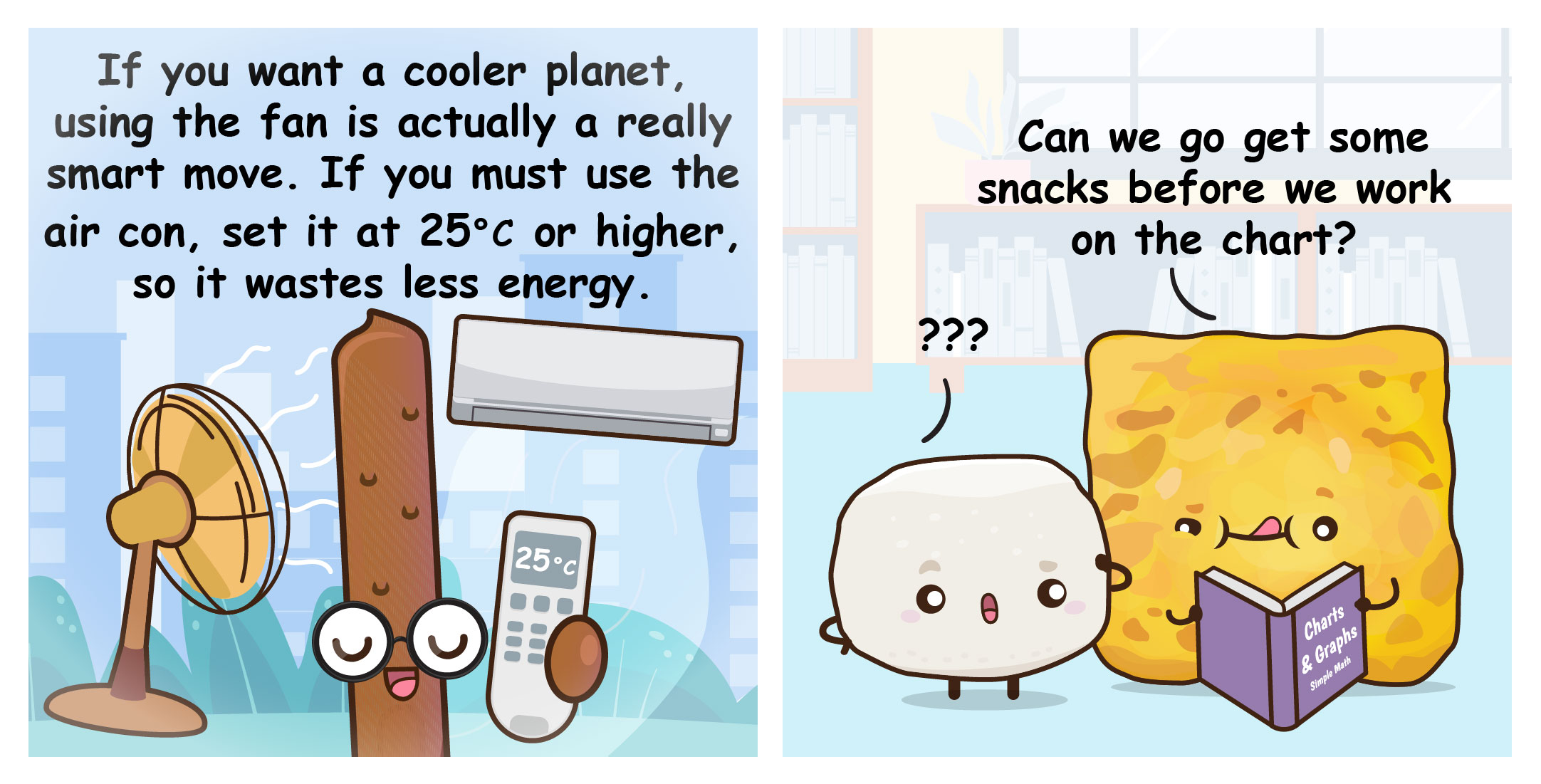 Two-panel comic where Coco outlines energy-efficient cooling practices like using fans or setting air conditioning to 25°C, while Flip distractedly asks Bouncy for a snack break before starting their chart work.